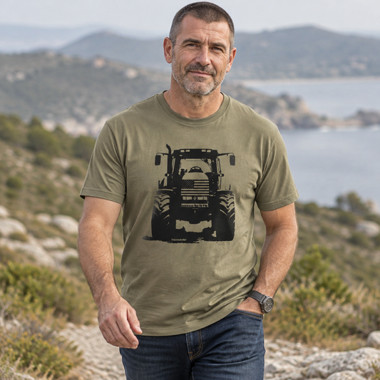 USA Flag Tractor Silhouette Vintage Mineral-Wash T-Shirt