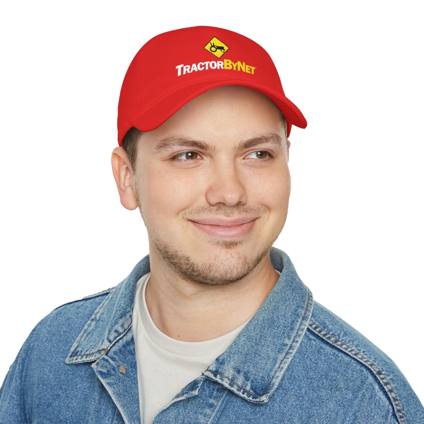 TractorByNet Low-Profile Baseball Cap — Red Farm & Tractor Logo Hat